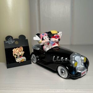 Vintage Schmid Mickey And Minnie Mouse In Black Car, Ceramic 1990 's + Pin